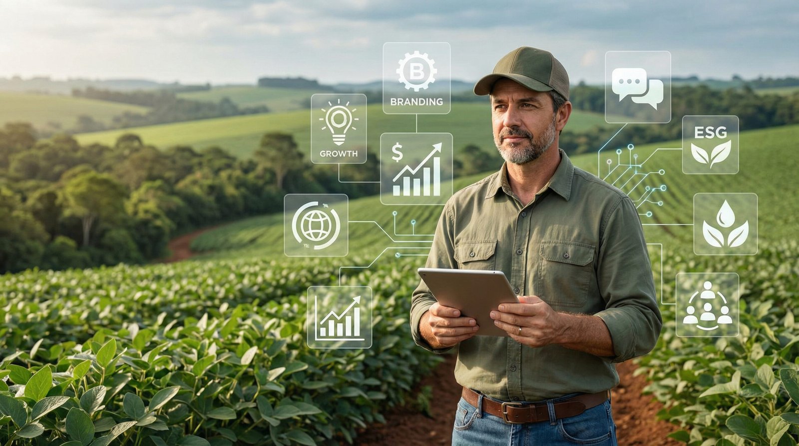 Gestor do agronegócio utilizando estratégias de marketing para fortalecer a marca, gerar valor e promover sustentabilidade no campo