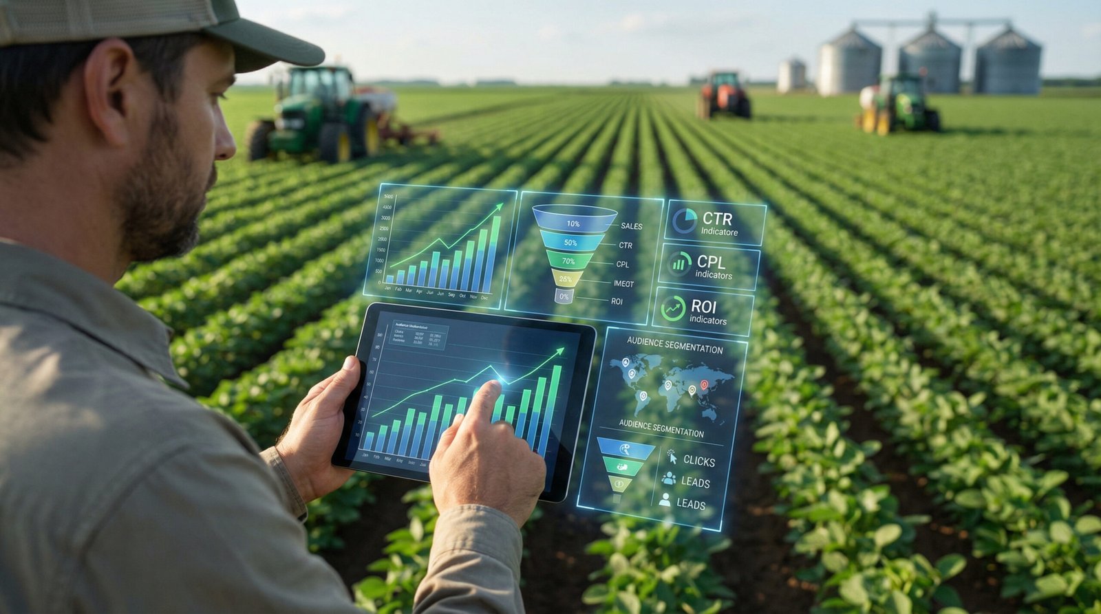 Gestor do agronegócio analisando dados de tráfego pago e campanhas de marketing digital para geração de leads e aumento de vendas no setor agro