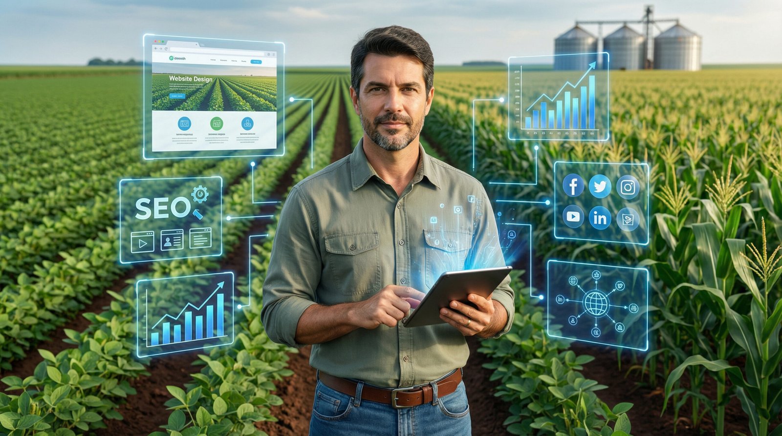 Gestor do agronegócio usando tecnologia e marketing digital para fortalecer presença online, produzir conteúdo e gerar resultados no setor agro