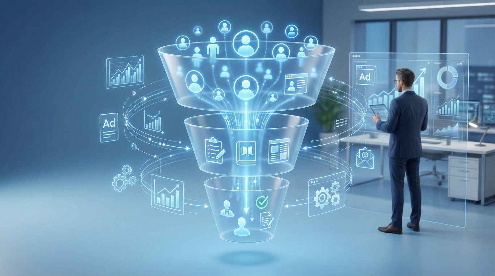 Representação do funil de vendas no marketing digital mostrando a jornada do cliente, da atração de leads à conversão em clientes