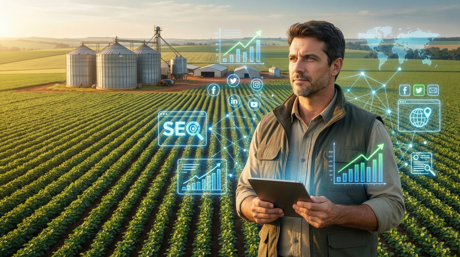 Gestor do agronegócio utilizando estratégias de marketing digital, SEO e conteúdo online para fortalecer a marca e impulsionar o crescimento no setor agro