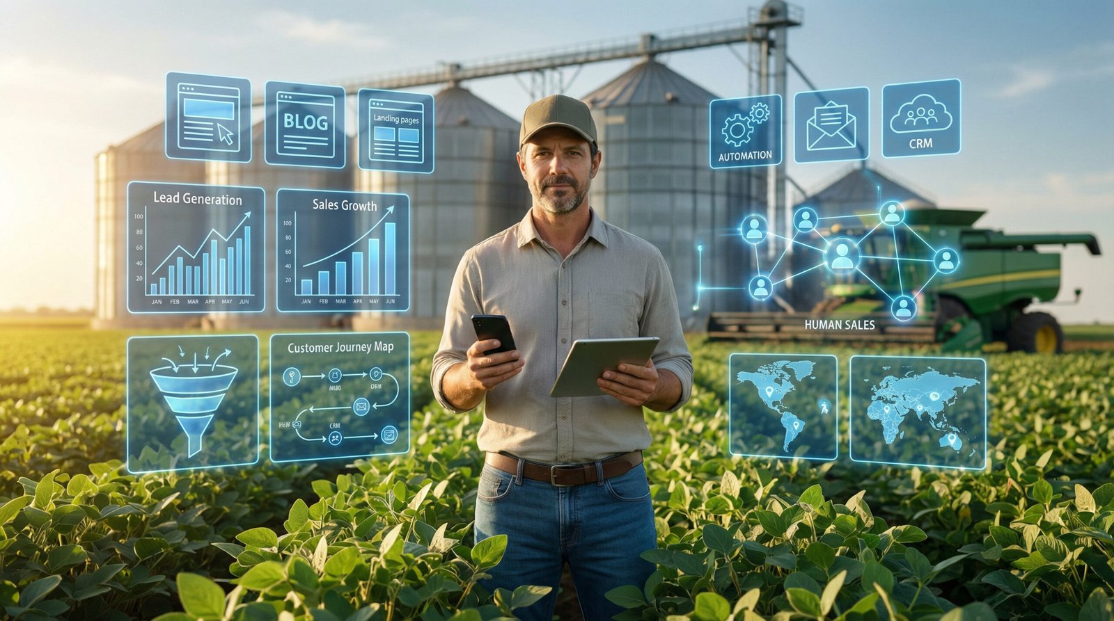 Produtor rural utilizando smartphone e computador para vender online e aplicar estratégias de marketing digital no agronegócio