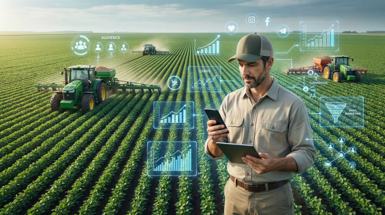 Produtor rural utilizando ferramentas de marketing digital, dados e tecnologia para fortalecer a comunicação e as vendas no agronegócio moderno