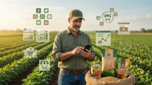 Produtor rural utilizando estratégias de marketing agrícola e marketing digital para divulgar produtos e aumentar vendas no campo